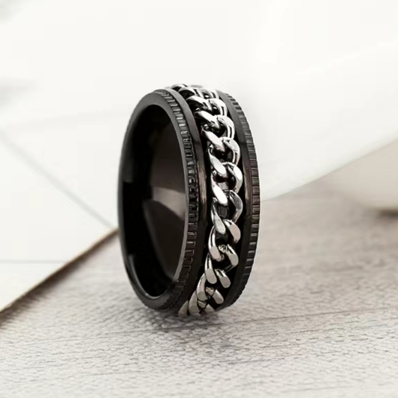 Mens Stainless Steel Black Ring - Picture 2 of 3